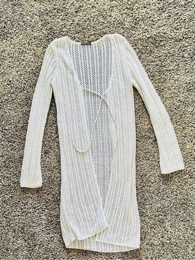 Open-Knit Long White Cardigan Sweater